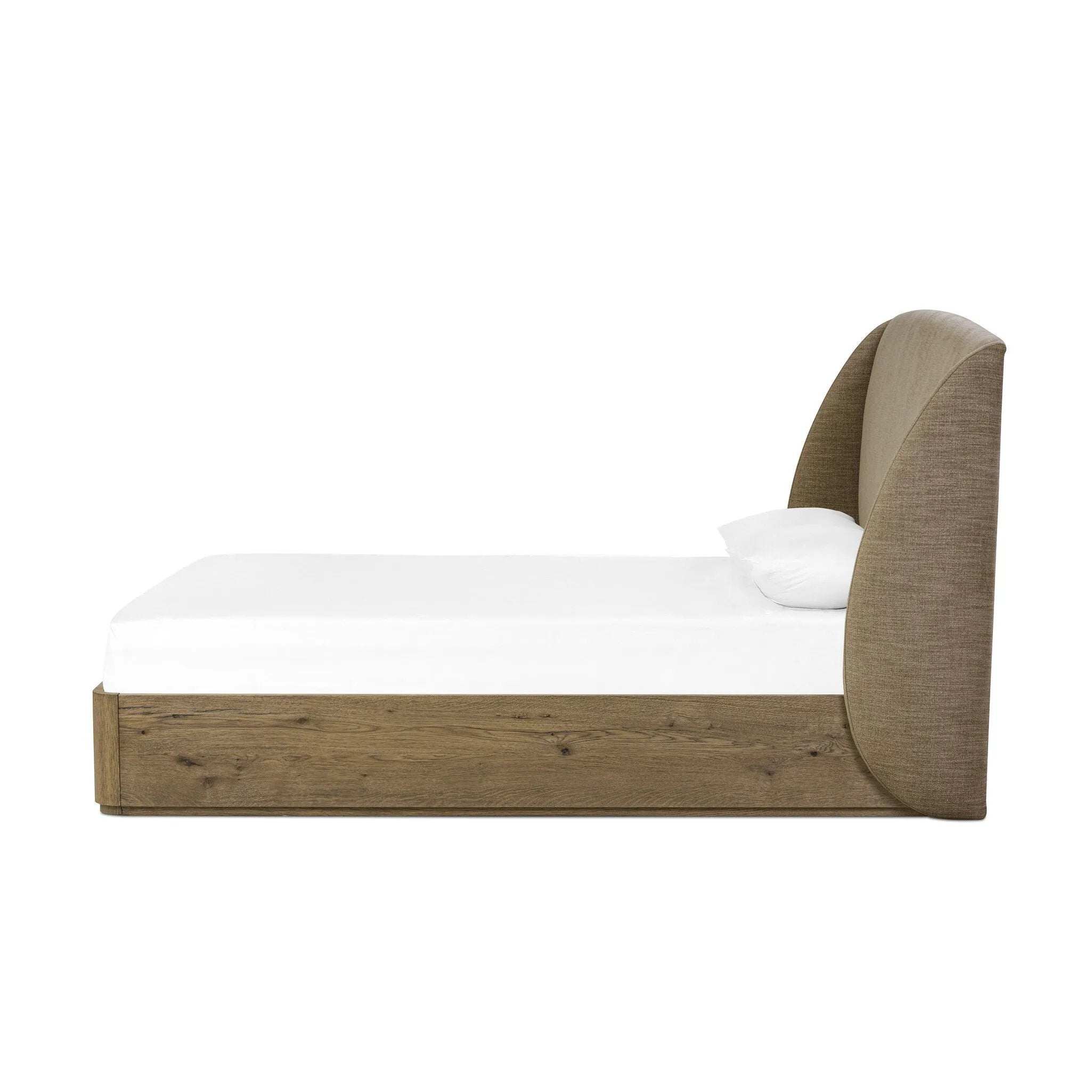 Featuring Maeve Laken Taupe Bed by Four Hands at Amethyst Home. Clean lines meet contoured curves for a timeless bedroom look. A petal-shaped shelter overlaps side rails for a unique,  comforting silhouette. Fully upholstered in a versatile taupe that complements a wide range of color palettes, all grounded by a rich oak base. Overall Dimensions: Queen:
. Amethyst Home provides interior design, new home construction design consulting, vintage area rugs, and lighting in the Laguna Beach metro area.