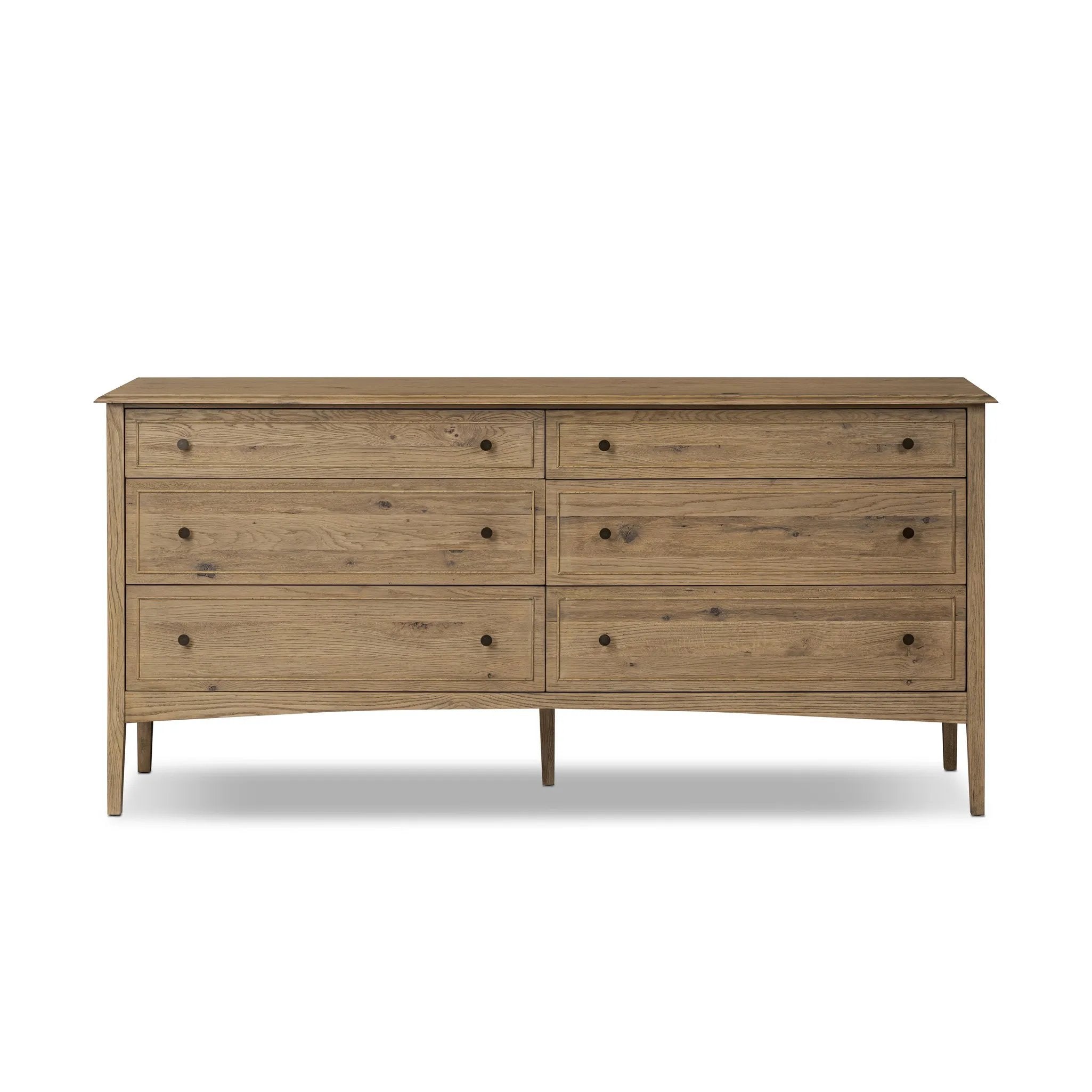 Featuring Maggie Aged Smoked Oak Resawn 6 Drawer Dresser by Four Hands at Amethyst Home. A cleanly shaped six-drawer dresser is crafted from aged smoked oak, highlighting the wood's natural grain. Roomy drawers offer plenty of space for bedroom storage, while the slim, tapered legs give the piece a subtle lift, creating a grounded look.Overall Dimensions: 77.00. Amethyst Home provides interior design, new home construction design consulting, vintage area rugs, and lighting in the Miami metro area.
