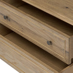 Featuring Maggie Aged Smoked Oak Resawn Nightstand by Four Hands at Amethyst Home. A cleanly shaped six-drawer dresser is crafted from aged smoked oak, highlighting the wood?s natural grain. Roomy drawers offer plenty of space for bedroom storage, while the slim, tapered legs give the piece a subtle lift, creating a grounded look.Overall Dimensions: 30.00"w x . Amethyst Home provides interior design, new home construction design consulting, vintage area rugs, and lighting in the Austin metro area.