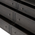 Featuring Maggie Smoked Black Oak Veneer 6 Drawer Dresser by Four Hands at Amethyst Home. A cleanly shaped six-drawer dresser is crafted from smoked black oak, highlighting the wood's natural grain. Roomy drawers offer plenty of space for bedroom storage, while the slim, tapered legs give the piece a subtle lift, creating a grounded look.Overall Dimension. Amethyst Home provides interior design, new home construction design consulting, vintage area rugs, and lighting in the Los Angeles metro area.