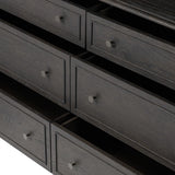Featuring Maggie Smoked Black Oak Veneer 6 Drawer Dresser by Four Hands at Amethyst Home. A cleanly shaped six-drawer dresser is crafted from smoked black oak, highlighting the wood's natural grain. Roomy drawers offer plenty of space for bedroom storage, while the slim, tapered legs give the piece a subtle lift, creating a grounded look.Overall Dimension. Amethyst Home provides interior design, new home construction design consulting, vintage area rugs, and lighting in the Los Angeles metro area.