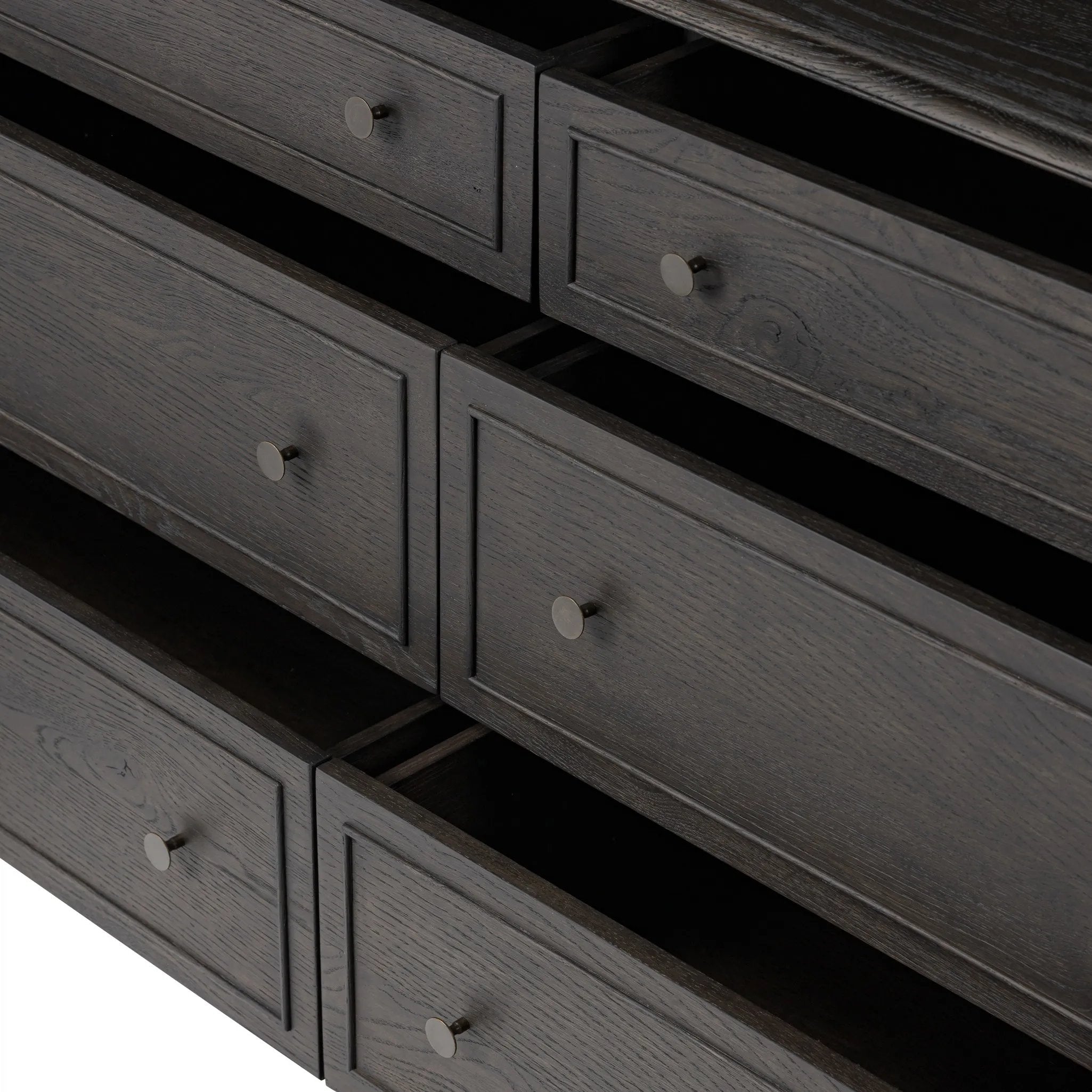 Featuring Maggie Smoked Black Oak Veneer 6 Drawer Dresser by Four Hands at Amethyst Home. A cleanly shaped six-drawer dresser is crafted from smoked black oak, highlighting the wood's natural grain. Roomy drawers offer plenty of space for bedroom storage, while the slim, tapered legs give the piece a subtle lift, creating a grounded look.Overall Dimension. Amethyst Home provides interior design, new home construction design consulting, vintage area rugs, and lighting in the Los Angeles metro area.