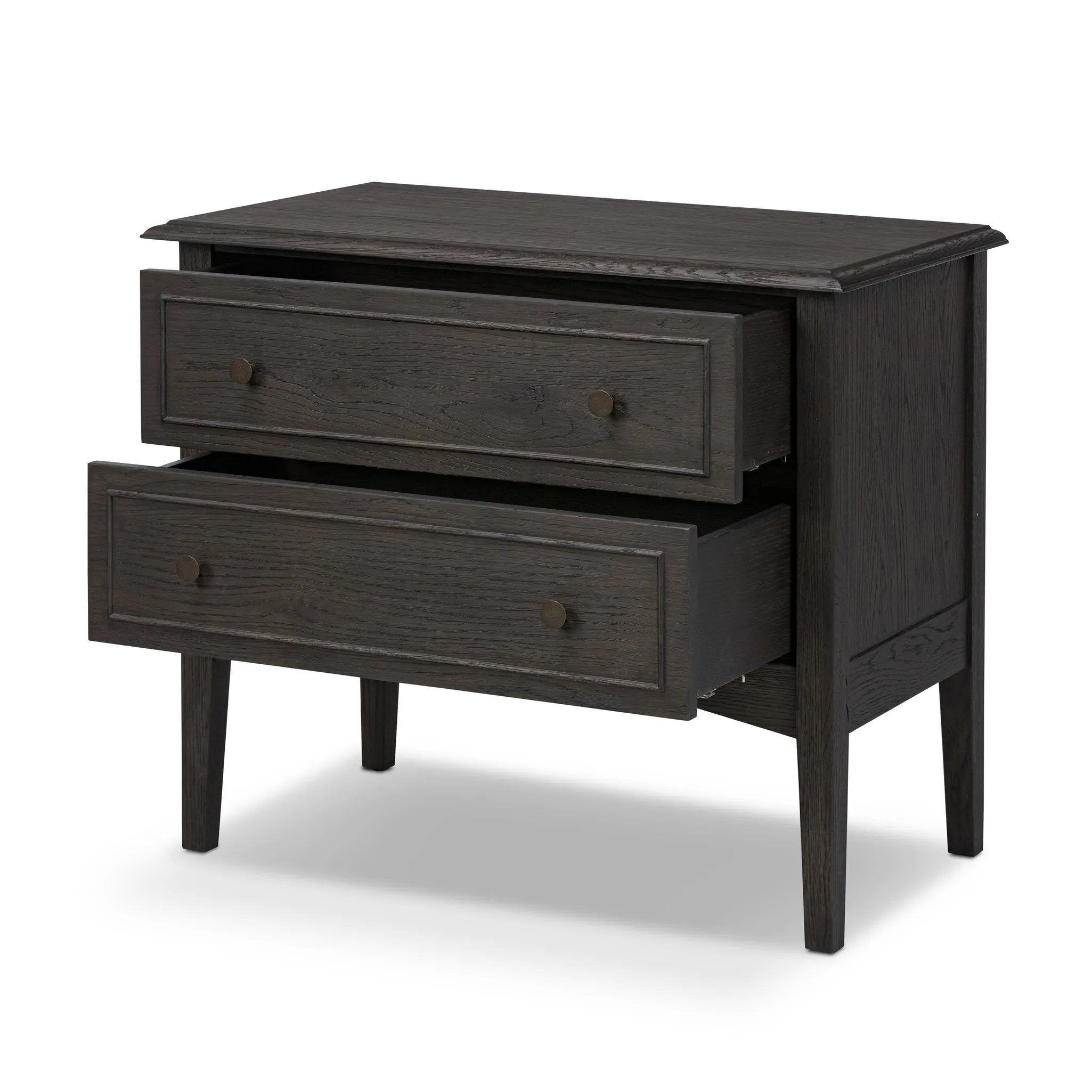 Featuring Maggie Smoked Black Oak Veneer Nightstand by Four Hands at Amethyst Home. Clean and compact, a two-drawer nightstand is crafted from smoked black oak, showcasing the natural grain of wood. Its scaled-down profile fits perfectly beside the bed. Slim, tapered legs add a touch of lightness.Overall Dimensions: 30.00"w x 16.75"d x 26.00"hWeight : 66.1. Amethyst Home provides interior design, new home construction design consulting, vintage area rugs, and lighting in the Alpharetta metro area.