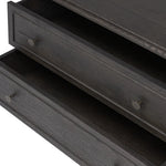 Featuring Maggie Smoked Black Oak Veneer Nightstand by Four Hands at Amethyst Home. Clean and compact, a two-drawer nightstand is crafted from smoked black oak, showcasing the natural grain of wood. Its scaled-down profile fits perfectly beside the bed. Slim, tapered legs add a touch of lightness.Overall Dimensions: 30.00"w x 16.75"d x 26.00"hWeight : 66. Amethyst Home provides interior design, new home construction design consulting, vintage area rugs, and lighting in the Laguna Beach metro area.