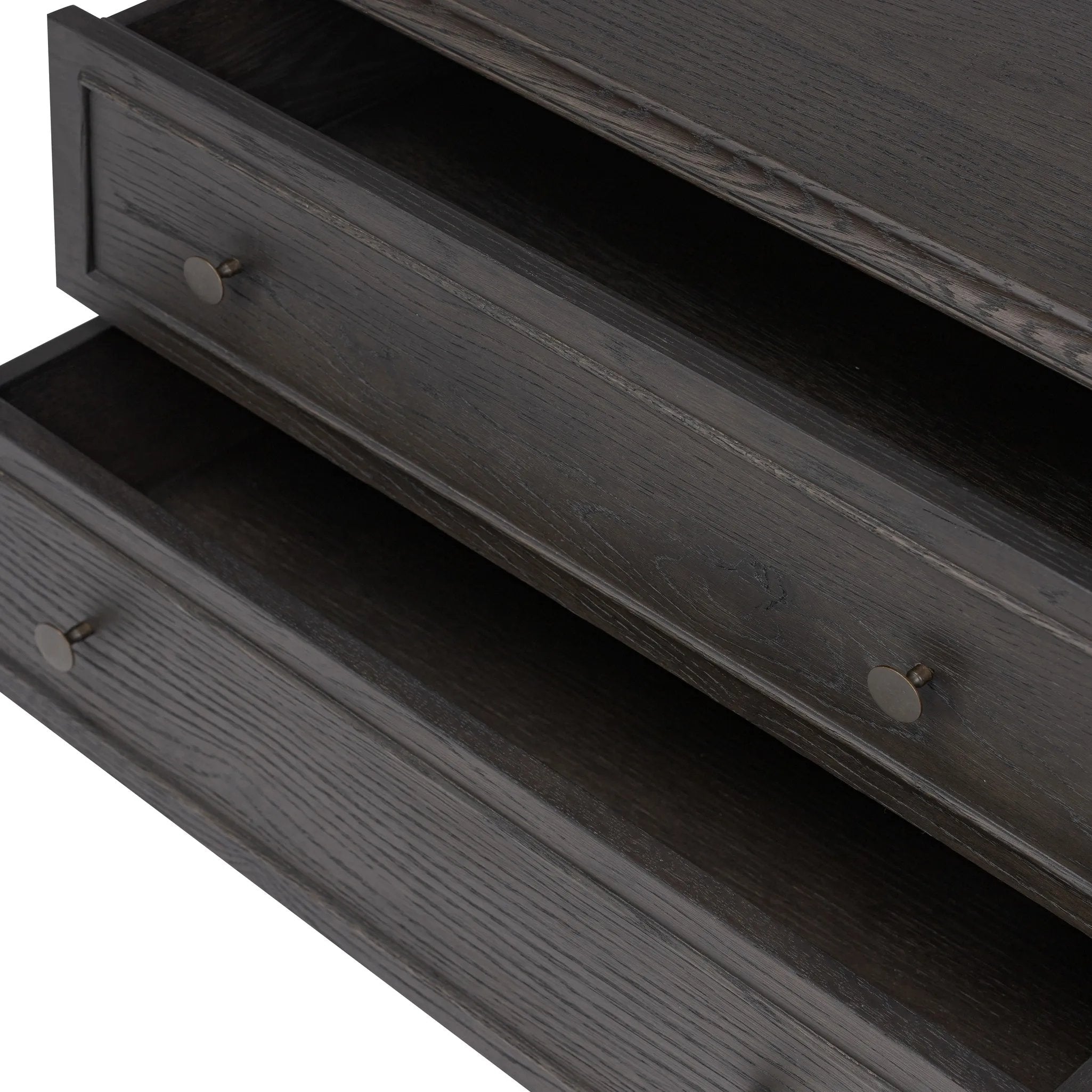 Featuring Maggie Smoked Black Oak Veneer Nightstand by Four Hands at Amethyst Home. Clean and compact, a two-drawer nightstand is crafted from smoked black oak, showcasing the natural grain of wood. Its scaled-down profile fits perfectly beside the bed. Slim, tapered legs add a touch of lightness.Overall Dimensions: 30.00"w x 16.75"d x 26.00"hWeight : 66. Amethyst Home provides interior design, new home construction design consulting, vintage area rugs, and lighting in the Laguna Beach metro area.