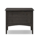 Featuring Maggie Smoked Black Oak Veneer Nightstand by Four Hands at Amethyst Home. Clean and compact, a two-drawer nightstand is crafted from smoked black oak, showcasing the natural grain of wood. Its scaled-down profile fits perfectly beside the bed. Slim, tapered legs add a touch of lightness.Overall Dimensions: 30.00"w x 16.75"d x 26.00"hWeight : 66.14 lbs. Amethyst Home provides interior design, new home construction design consulting, vintage area rugs, and lighting in the Miami metro area.