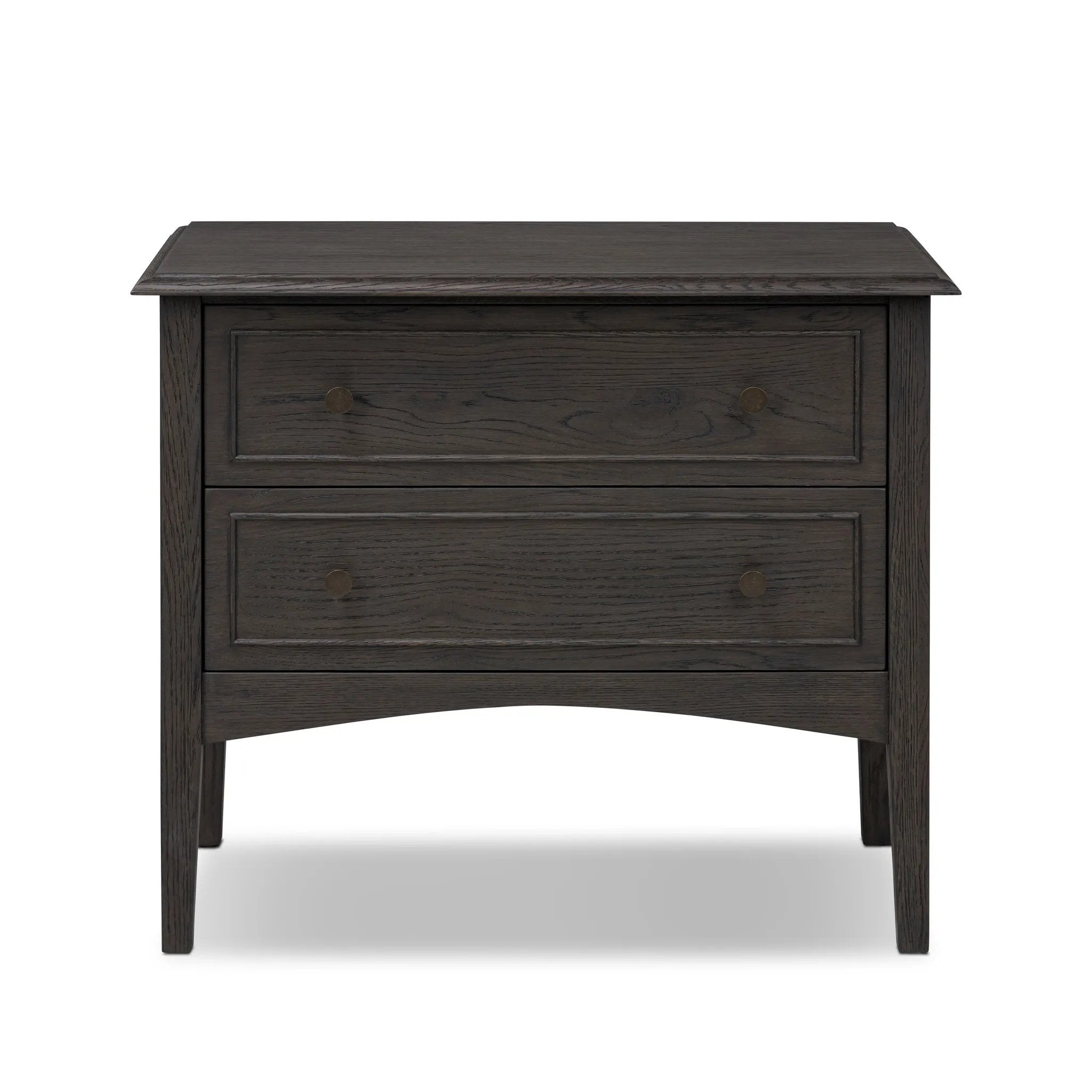 Featuring Maggie Smoked Black Oak Veneer Nightstand by Four Hands at Amethyst Home. Clean and compact, a two-drawer nightstand is crafted from smoked black oak, showcasing the natural grain of wood. Its scaled-down profile fits perfectly beside the bed. Slim, tapered legs add a touch of lightness.Overall Dimensions: 30.00"w x 16.75"d x 26.00"hWeight : 66.14 lbs. Amethyst Home provides interior design, new home construction design consulting, vintage area rugs, and lighting in the Miami metro area.