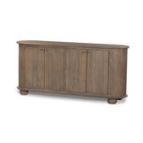 A smaller scale and antique-inspired oval shape give this sideboard a classic polished look. A slight overhang of the top and bottom slabs adds visual interest, while simple ball-shaped hardware mimics this sideboard's unique bun feet. Amethyst Home provides interior design, new home construction design consulting, vintage area rugs, and lighting in the Kansas City metro area.