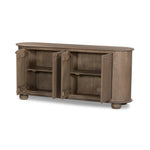 A smaller scale and antique-inspired oval shape give this sideboard a classic polished look. A slight overhang of the top and bottom slabs adds visual interest, while simple ball-shaped hardware mimics this sideboard's unique bun feet. Amethyst Home provides interior design, new home construction design consulting, vintage area rugs, and lighting in the Laguna Beach metro area.