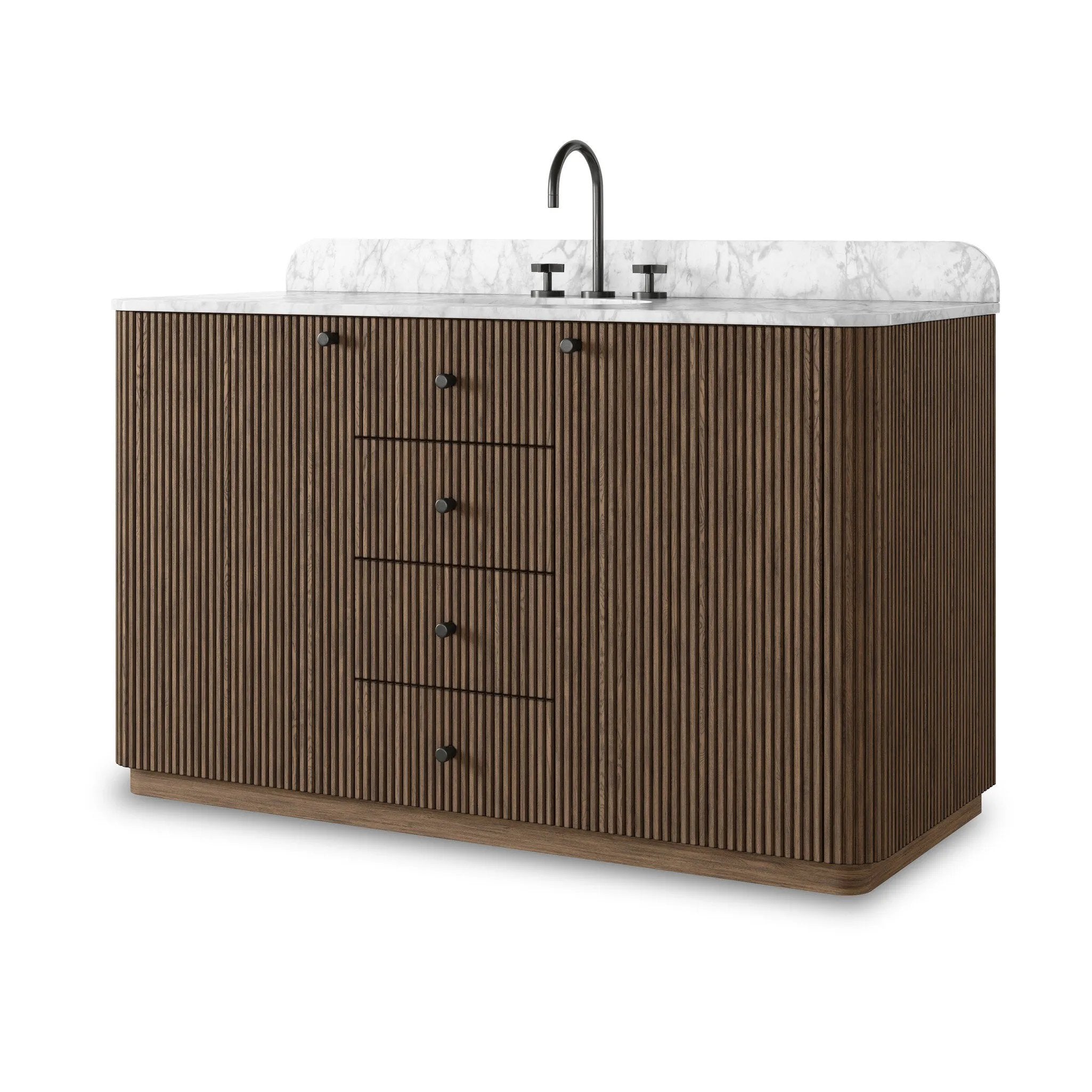 This bath vanity is simply shaped to allow the reeded oak to shine. Rounded corners bring softness and allow for a seamless finish, complemented by tapered knob hardware. Finished with a bath-safe sealant for moisture resistance. Designed to accommodate 8”-widespread faucets and standard-size hardware for easy customization. Amethyst Home provides interior design, new home construction design consulting, vintage area rugs, and lighting in the Omaha metro area.