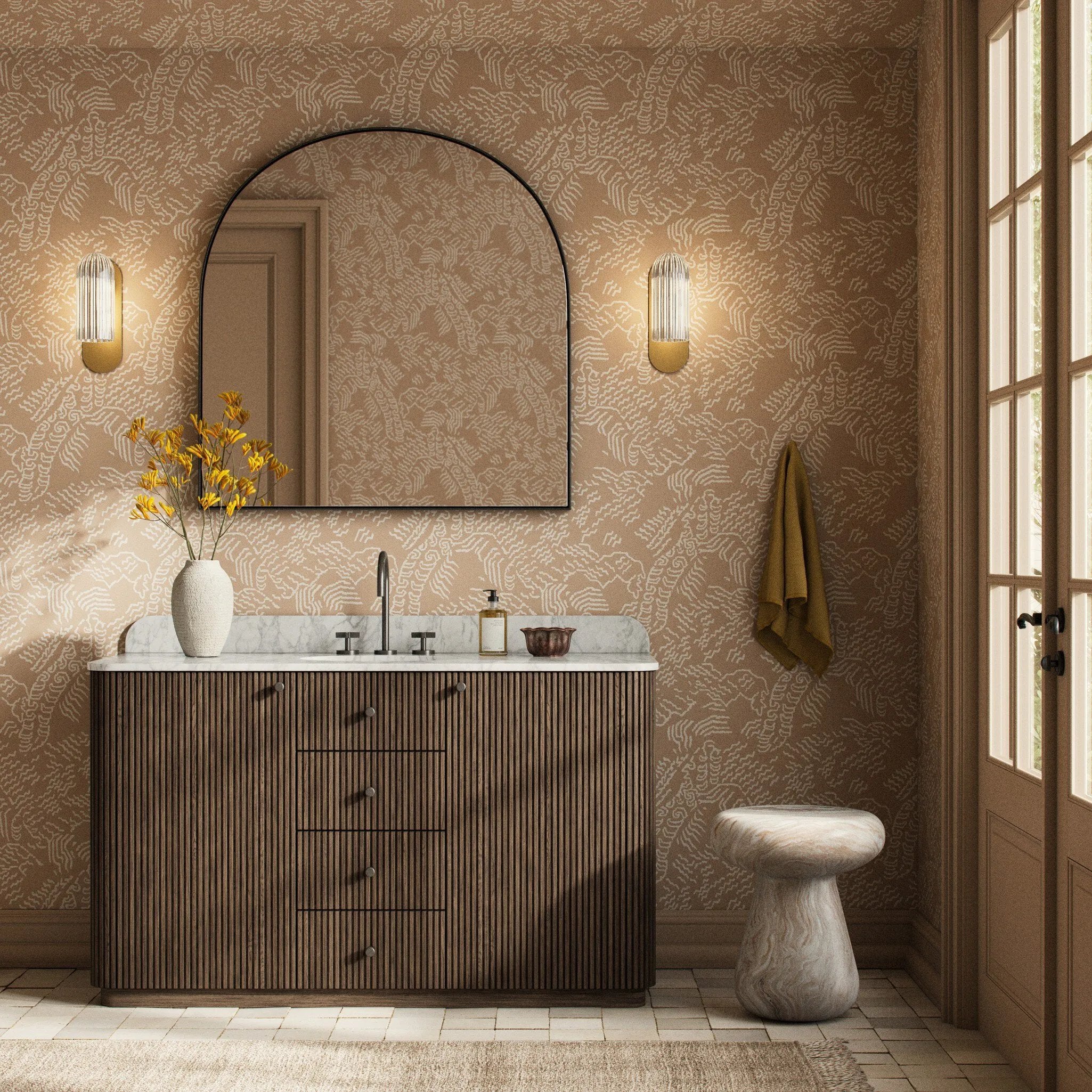 This bath vanity is simply shaped to allow the reeded oak to shine. Rounded corners bring softness and allow for a seamless finish, complemented by tapered knob hardware. Finished with a bath-safe sealant for moisture resistance. Designed to accommodate 8”-widespread faucets and standard-size hardware for easy customization. Amethyst Home provides interior design, new home construction design consulting, vintage area rugs, and lighting in the Winter Garden metro area.