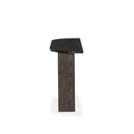 Mixed materials and a contoured design fuse for a shapely console table that works in a wide range of spaces. Mirrored oak legs form a unique curved base to support a demilune iron top with a burnished coffee finish. Thoughtfully sized for smaller spaces Amethyst Home provides interior design, new home construction design consulting, vintage area rugs, and lighting in the Los Angeles metro area.