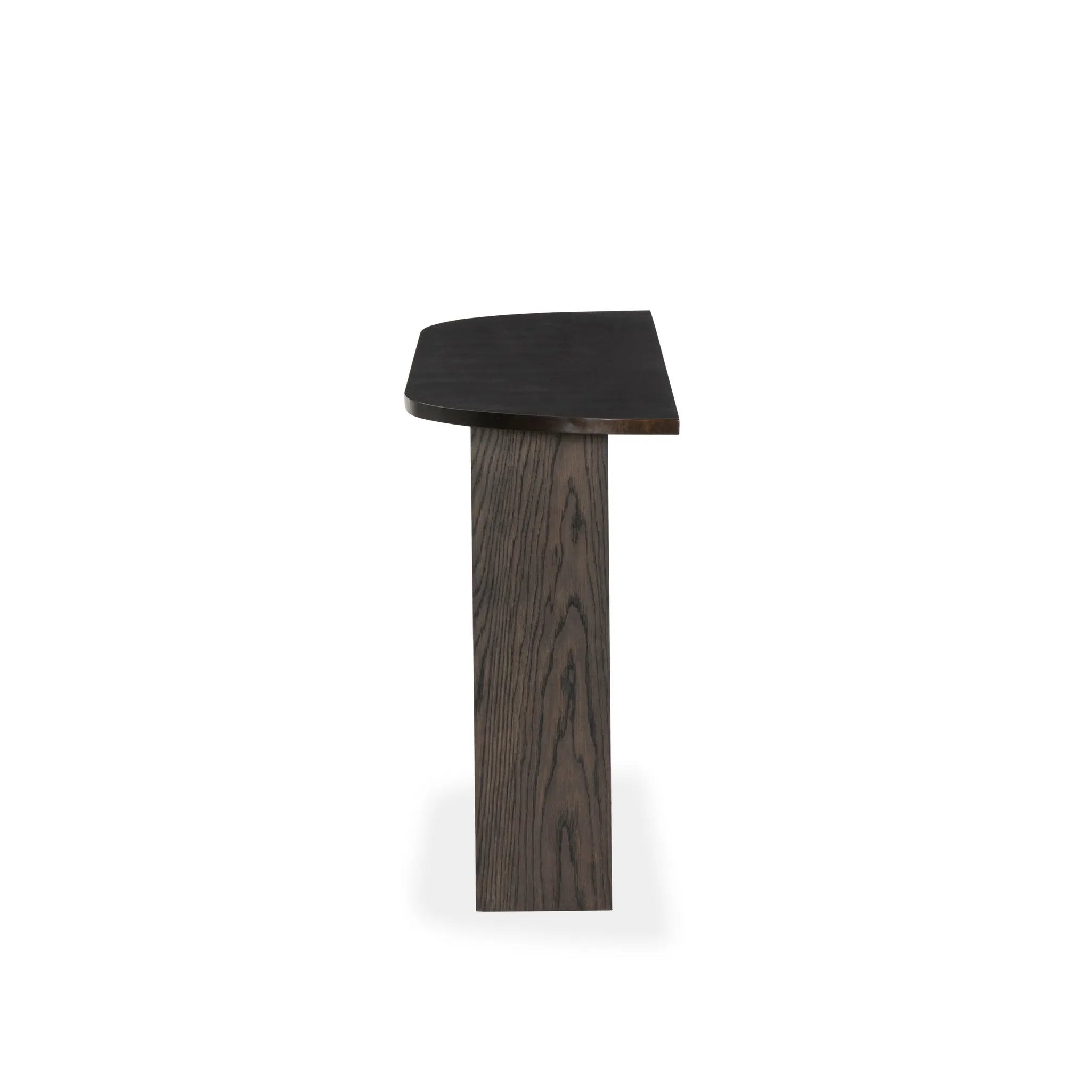 Mixed materials and a contoured design fuse for a shapely console table that works in a wide range of spaces. Mirrored oak legs form a unique curved base to support a demilune iron top with a burnished coffee finish. Thoughtfully sized for smaller spaces Amethyst Home provides interior design, new home construction design consulting, vintage area rugs, and lighting in the Los Angeles metro area.