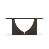 Mixed materials and a contoured design fuse for a shapely console table that works in a wide range of spaces. Mirrored oak legs form a unique curved base to support a demilune iron top with a burnished coffee finish. Thoughtfully sized for smaller spaces Amethyst Home provides interior design, new home construction design consulting, vintage area rugs, and lighting in the Salt Lake City metro area.