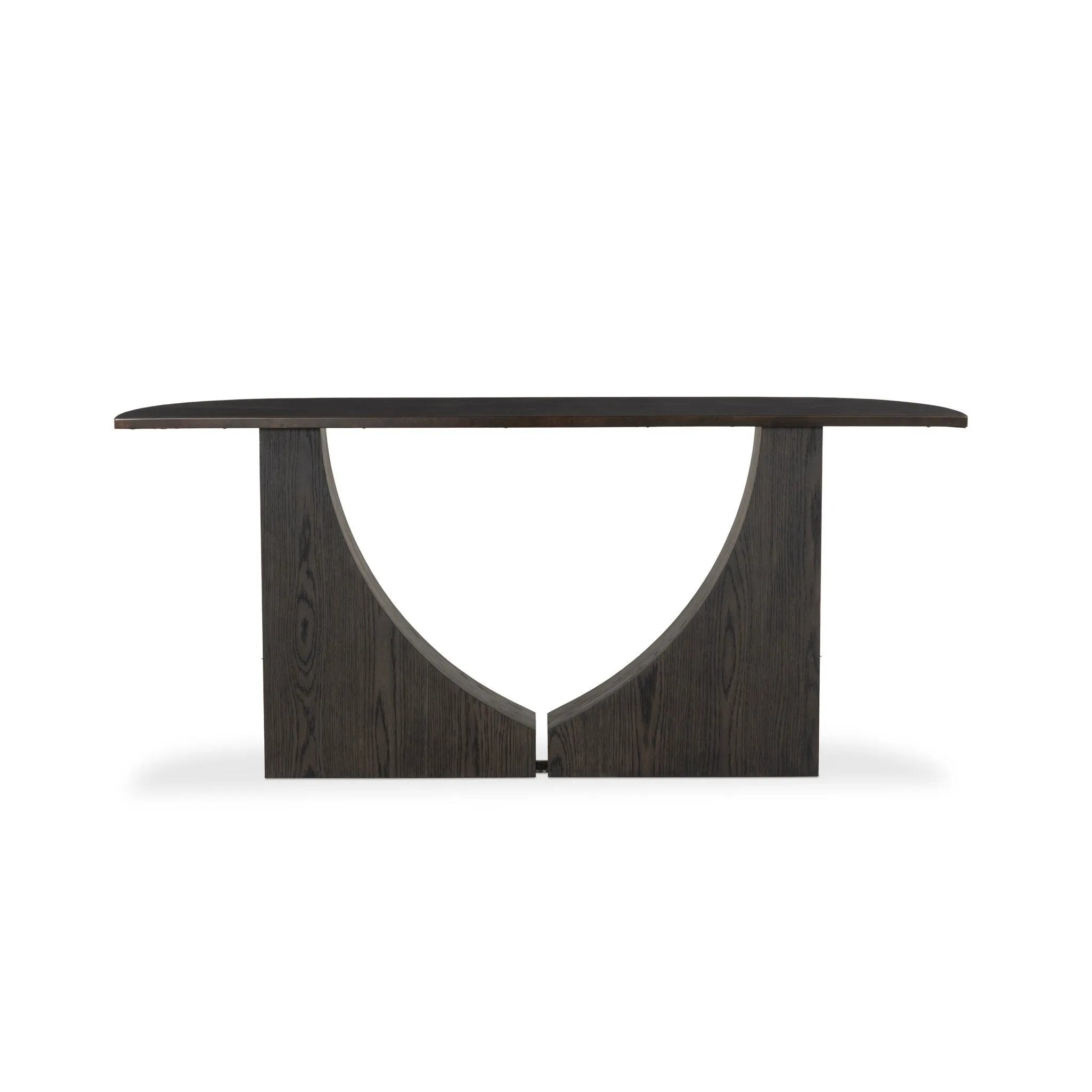Mixed materials and a contoured design fuse for a shapely console table that works in a wide range of spaces. Mirrored oak legs form a unique curved base to support a demilune iron top with a burnished coffee finish. Thoughtfully sized for smaller spaces Amethyst Home provides interior design, new home construction design consulting, vintage area rugs, and lighting in the Salt Lake City metro area.