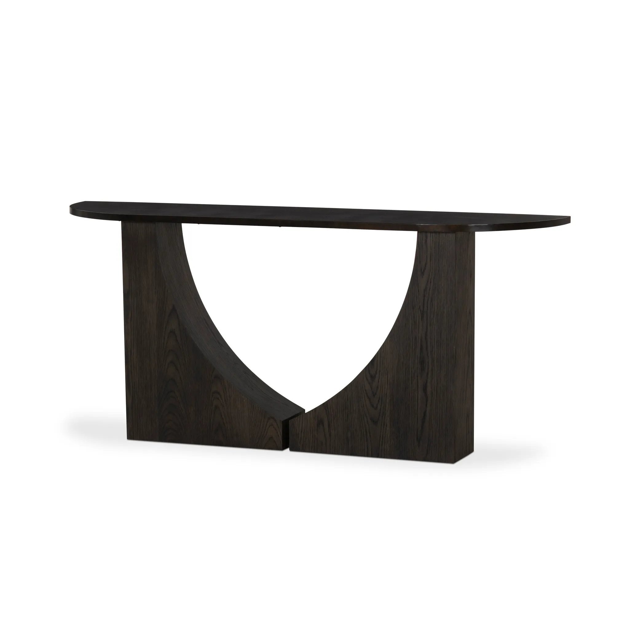 Mixed materials and a contoured design fuse for a shapely console table that works in a wide range of spaces. Mirrored oak legs form a unique curved base to support a demilune iron top with a burnished coffee finish. Thoughtfully sized for smaller spaces Amethyst Home provides interior design, new home construction design consulting, vintage area rugs, and lighting in the Scottsdale metro area.