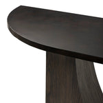Mixed materials and a contoured design fuse for a shapely console table that works in a wide range of spaces. Mirrored oak legs form a unique curved base to support a demilune iron top with a burnished coffee finish. Thoughtfully sized for smaller spaces Amethyst Home provides interior design, new home construction design consulting, vintage area rugs, and lighting in the Scottsdale metro area.