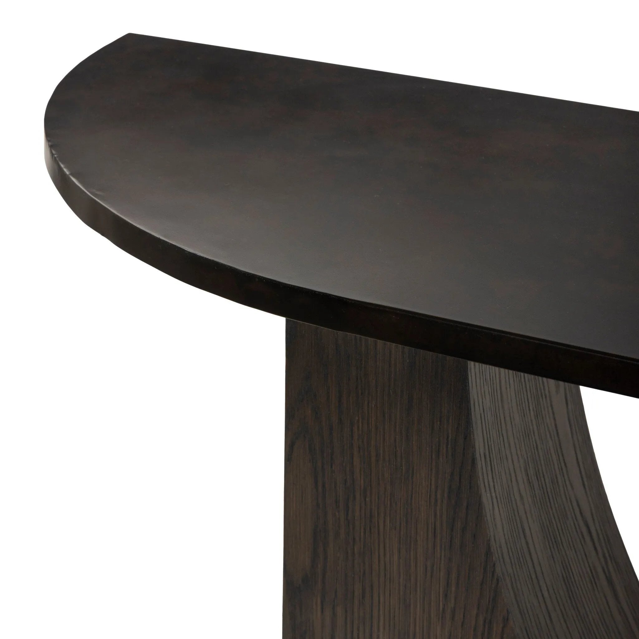 Mixed materials and a contoured design fuse for a shapely console table that works in a wide range of spaces. Mirrored oak legs form a unique curved base to support a demilune iron top with a burnished coffee finish. Thoughtfully sized for smaller spaces Amethyst Home provides interior design, new home construction design consulting, vintage area rugs, and lighting in the Scottsdale metro area.