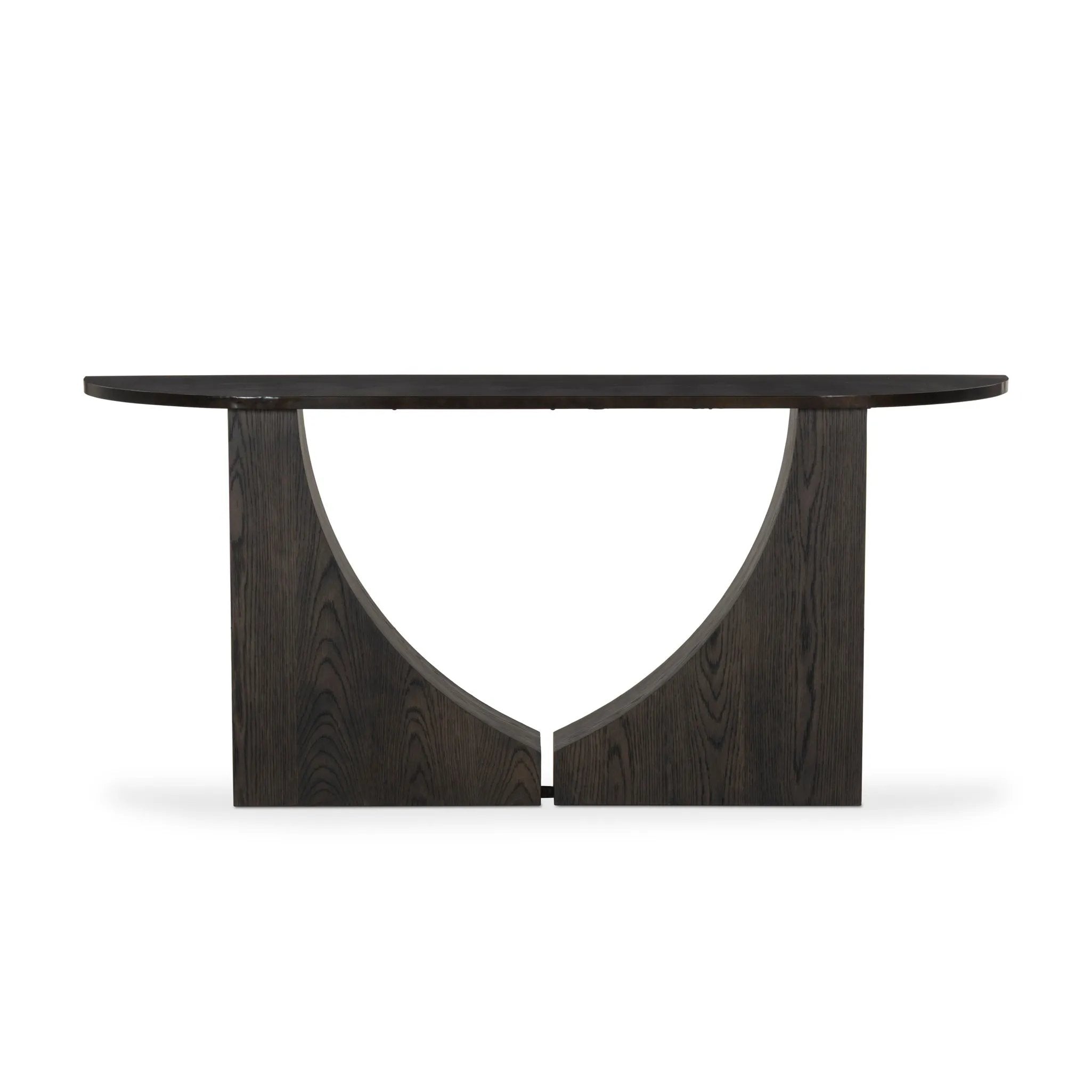 Mixed materials and a contoured design fuse for a shapely console table that works in a wide range of spaces. Mirrored oak legs form a unique curved base to support a demilune iron top with a burnished coffee finish. Thoughtfully sized for smaller spaces Amethyst Home provides interior design, new home construction design consulting, vintage area rugs, and lighting in the Seattle metro area.
