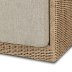 A fresh, playful take on the outdoor ottoman, featuring a woven cradle frame that wraps around the deep upholstered seat for added texture, dimension and contrast. The cushion is intentionally firm for a structured feel, meaning this piece can also be used as a coffee table. Cover or store inside during inclement weather and when not in use. Amethyst Home provides interior design, new home construction design consulting, vintage area rugs, and lighting in the Austin metro area.