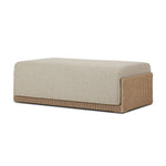 A fresh, playful take on the outdoor ottoman, featuring a woven cradle frame that wraps around the deep upholstered seat for added texture, dimension and contrast. The cushion is intentionally firm for a structured feel, meaning this piece can also be used as a coffee table. Cover or store inside during inclement weather and when not in use. Amethyst Home provides interior design, new home construction design consulting, vintage area rugs, and lighting in the Tampa metro area.