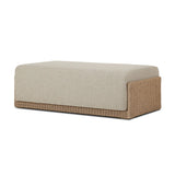 A fresh, playful take on the outdoor ottoman, featuring a woven cradle frame that wraps around the deep upholstered seat for added texture, dimension and contrast. The cushion is intentionally firm for a structured feel, meaning this piece can also be used as a coffee table. Cover or store inside during inclement weather and when not in use. Amethyst Home provides interior design, new home construction design consulting, vintage area rugs, and lighting in the Tampa metro area.