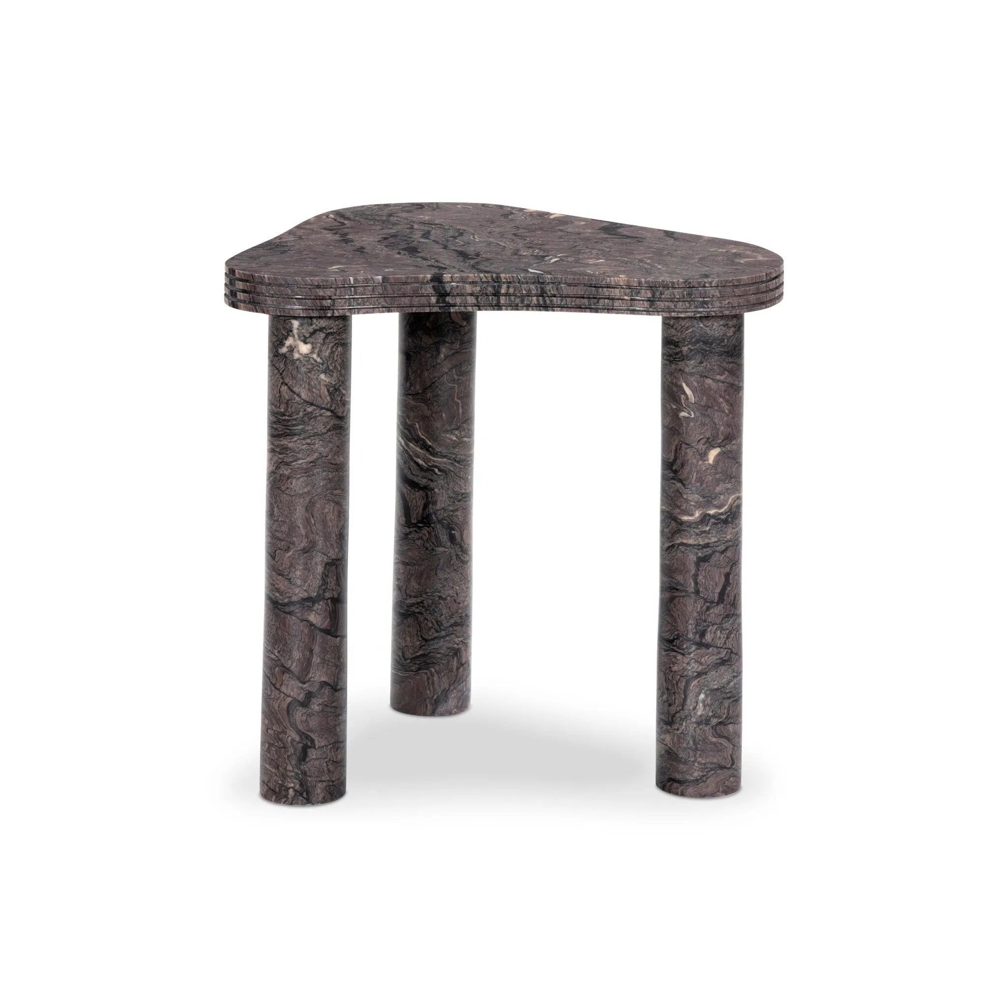 The classic atomic table of the 1950s, refreshed with modern materials. Finished in a deep plum, solid marble shapes an organic boomerang-style tabletop, working a subtle color pop into any room. Column legs add a luxe look reminiscent of Italian modernism. Amethyst Home provides interior design, new home construction design consulting, vintage area rugs, and lighting in the Houston metro area.