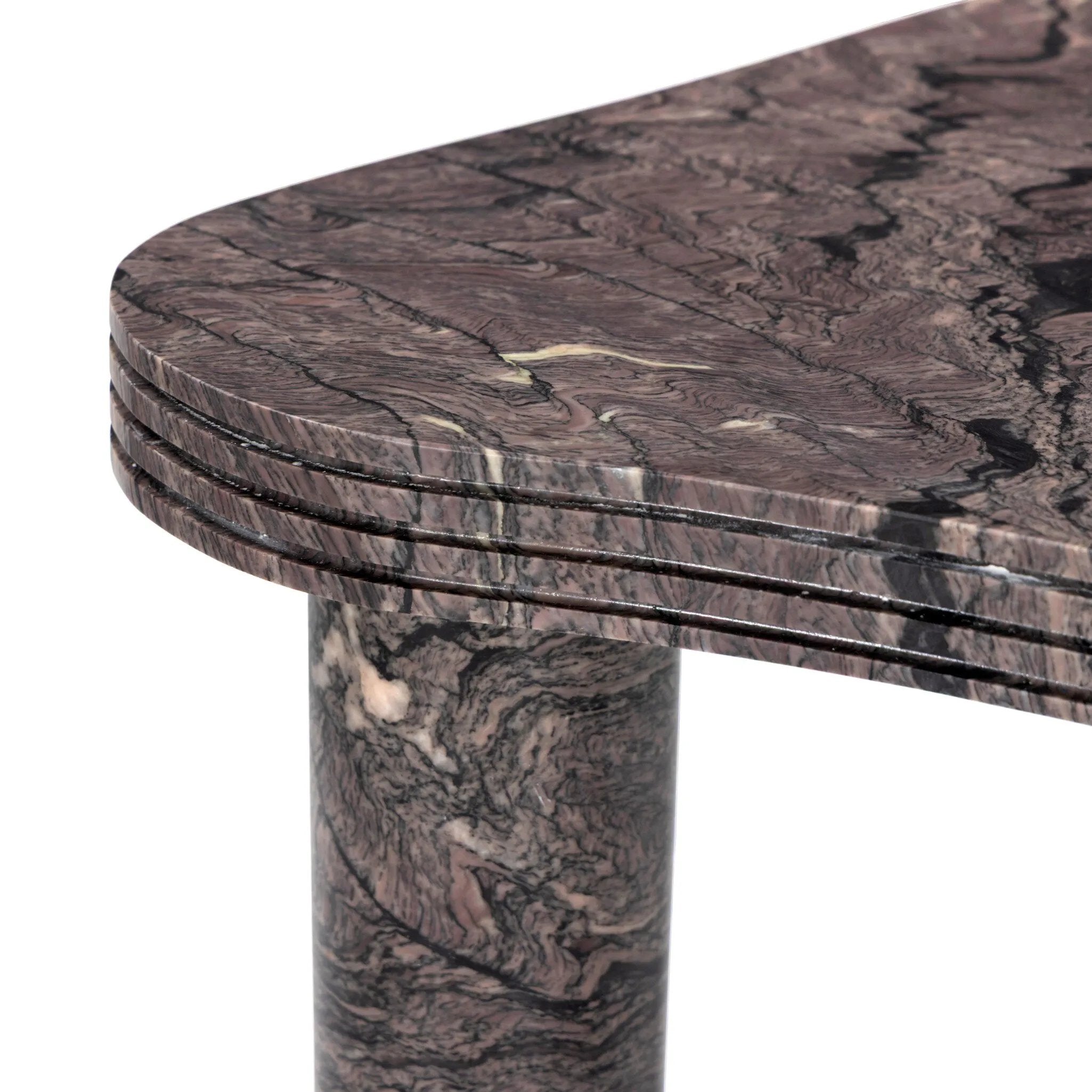 The classic atomic table of the 1950s, refreshed with modern materials. Finished in a deep plum, solid marble shapes an organic boomerang-style tabletop, working a subtle color pop into any room. Column legs add a luxe look reminiscent of Italian modernism. Amethyst Home provides interior design, new home construction design consulting, vintage area rugs, and lighting in the Tampa metro area.