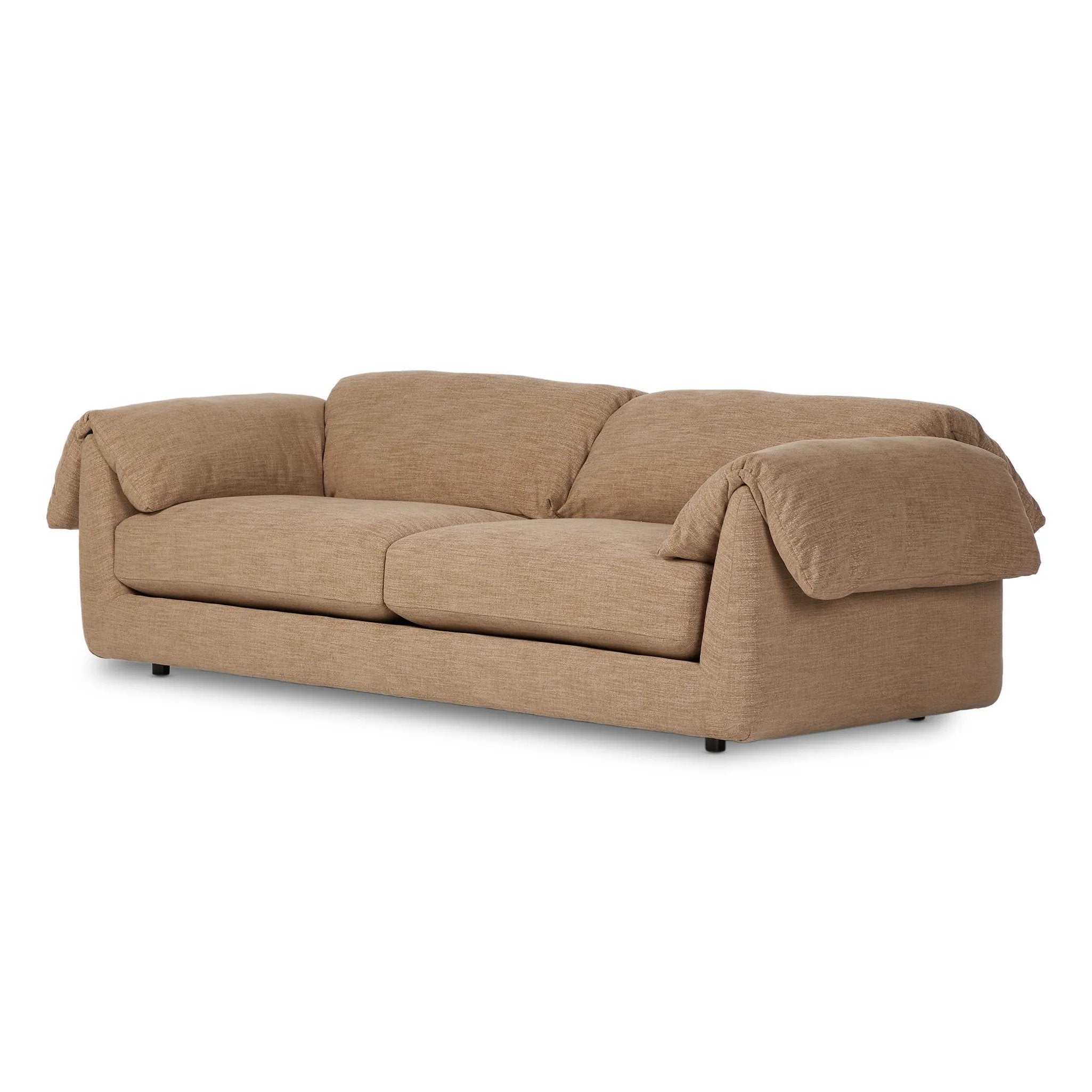 This two-over-two sofa is all about comfort. Feather-filled cushions fold over the frame, complemented by foam-fiber-feather seats. Upholstered in a taupe high-performance fabric, it balances its laid-back look with durability for every day. Amethyst Home provides interior design, new home construction design consulting, vintage area rugs, and lighting in the Laguna Beach metro area.