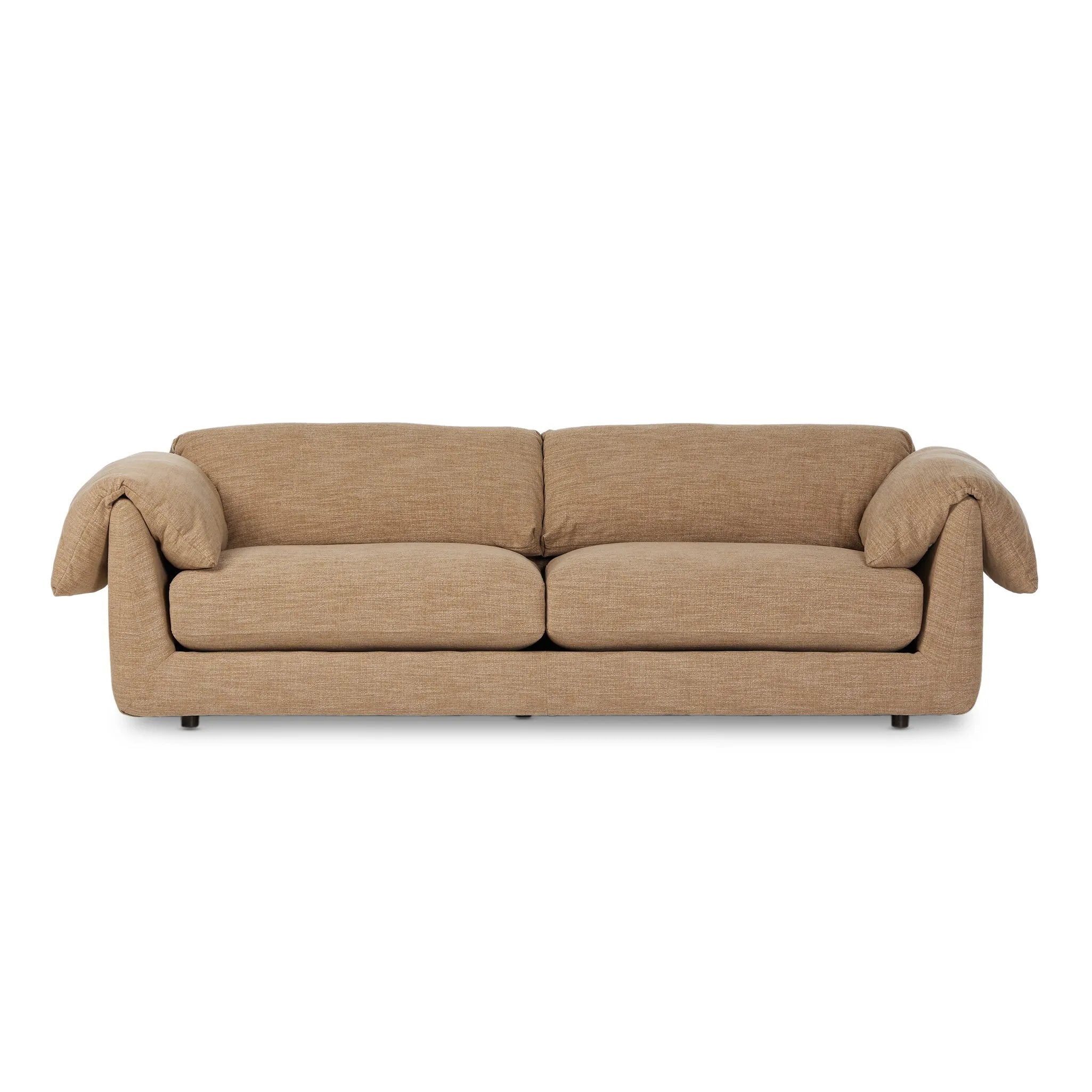 This two-over-two sofa is all about comfort. Feather-filled cushions fold over the frame, complemented by foam-fiber-feather seats. Upholstered in a taupe high-performance fabric, it balances its laid-back look with durability for every day. Amethyst Home provides interior design, new home construction design consulting, vintage area rugs, and lighting in the Winter Garden metro area.