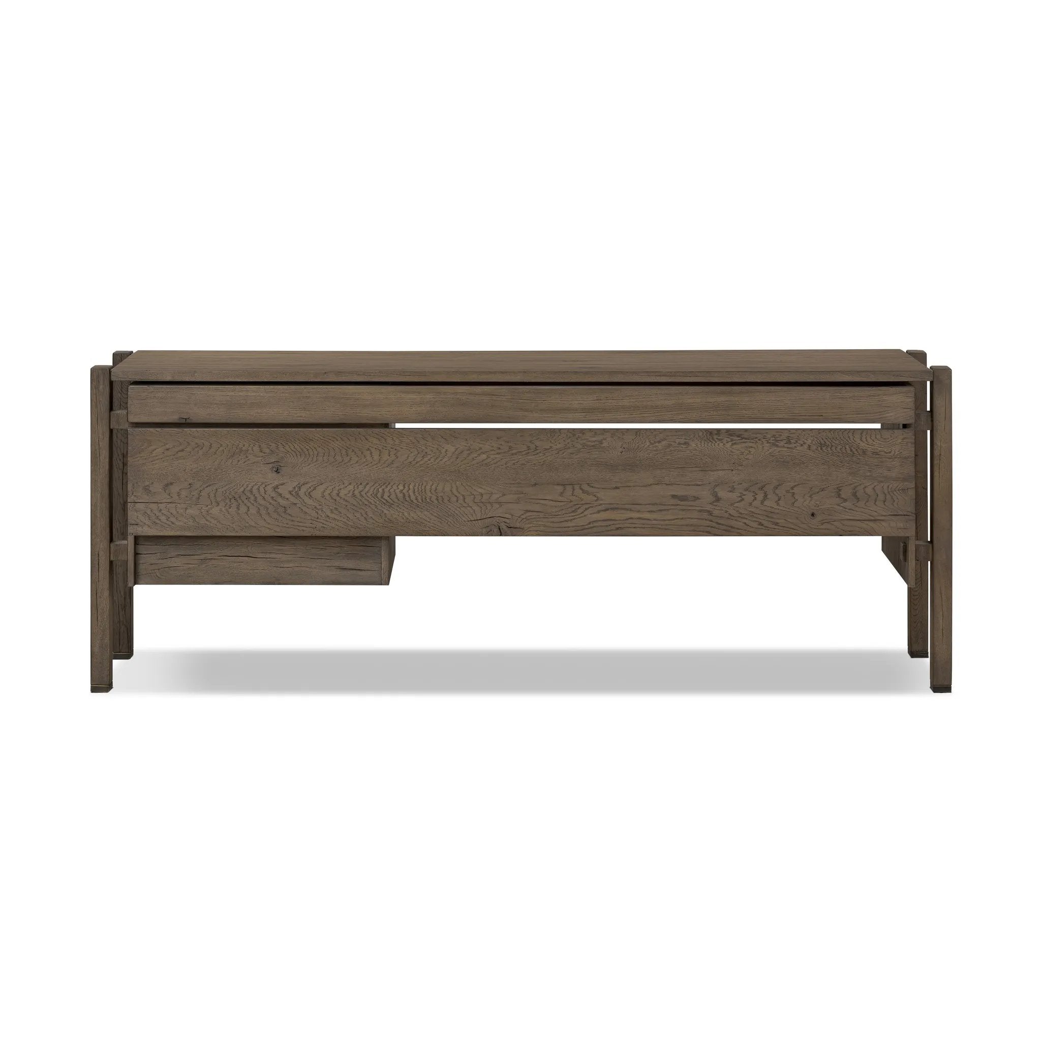 Featuring Marcela Grey Reclaimed French Oak Desk by Four Hands at Amethyst Home. Made from reclaimed French oak, a unique open frame design crafts a light look, while dark brass hardware adds warmth. Versatile grey finish, plus four drawers for generous storage space. Designed in partnership with longtime Four Hands collaborator Thomas Bina and Brazilian desig. Amethyst Home provides interior design, new home construction design consulting, vintage area rugs, and lighting in the Austin metro area.
