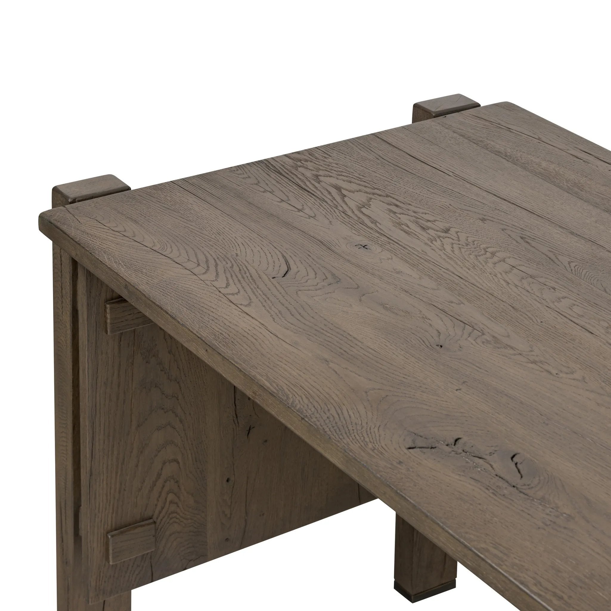 Featuring Marcela Grey Reclaimed French Oak Desk by Four Hands at Amethyst Home. Made from reclaimed French oak, a unique open frame design crafts a light look, while dark brass hardware adds warmth. Versatile grey finish, plus four drawers for generous storage space. Designed in partnership with longtime Four Hands collaborator Thomas Bina and Brazilian de. Amethyst Home provides interior design, new home construction design consulting, vintage area rugs, and lighting in the Calabasas metro area.