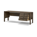 Featuring Marcela Grey Reclaimed French Oak Desk by Four Hands at Amethyst Home. Made from reclaimed French oak, a unique open frame design crafts a light look, while dark brass hardware adds warmth. Versatile grey finish, plus four drawers for generous storage space. Designed in partnership with longtime Four Hands collaborator Thomas Bina and Brazilian des. Amethyst Home provides interior design, new home construction design consulting, vintage area rugs, and lighting in the Portland metro area.