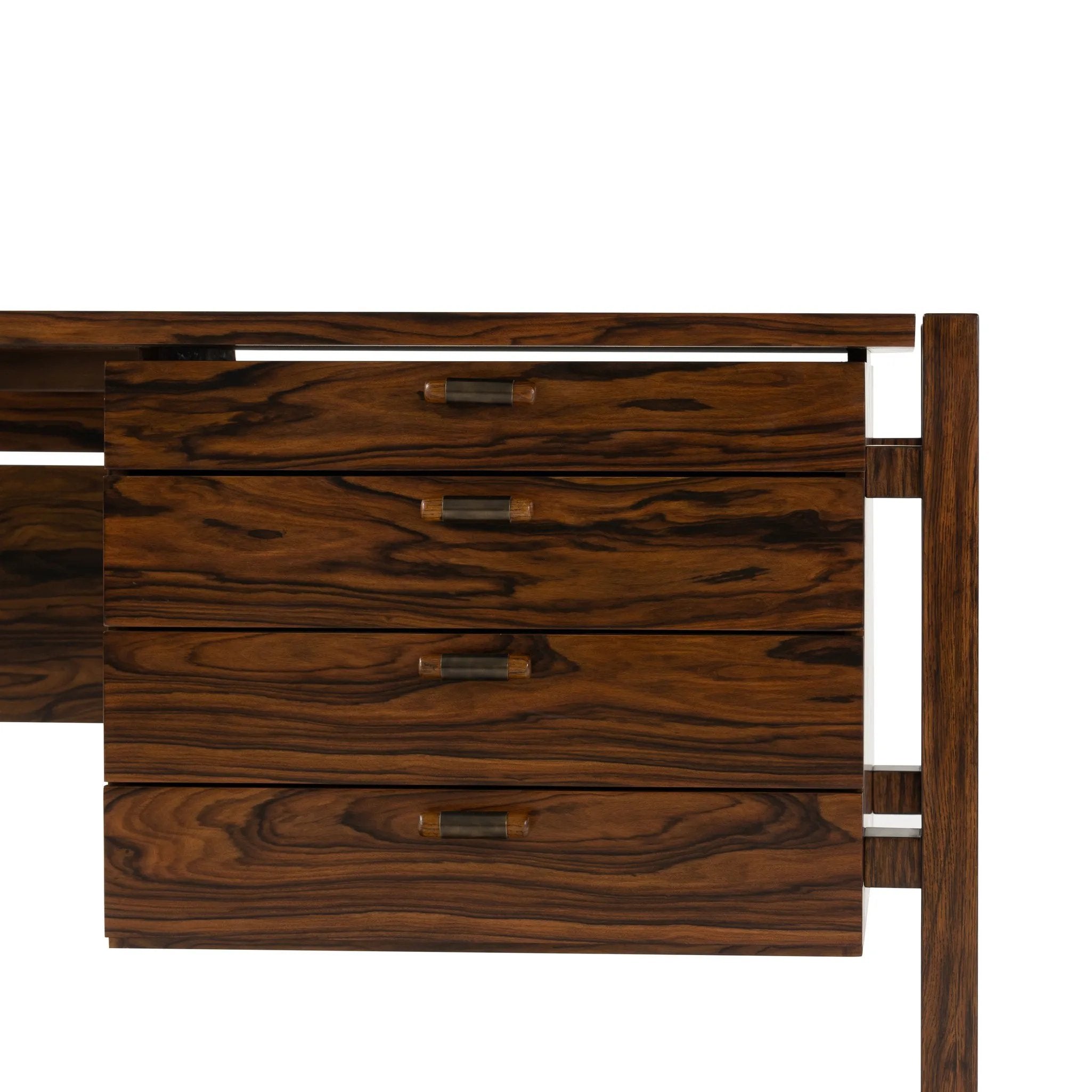 Featuring Marcela Natural Morado Veneer Desk by Four Hands at Amethyst Home. Made from natural morado with beautiful graining, this midcentury-inspired executive desk is fully finished for the option to float-style in a room.Overall Dimensions: 78.25"w x 26.50"d x 30.00"hWeight : 186.51 lbsMaterials: Morada Veneer, Engineered Hardwood. Amethyst Home provides interior design, new home construction design consulting, vintage area rugs, and lighting in the Austin metro area.