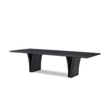 Designed by Thomas Bina and Ronald Sasson, a design partnership blending both modern minimalist and Brazilian influences. Grand-scale dining table is crafted from reclaimed French oak with tapered pedestal panels connected at the base. Seats 12 Amethyst Home provides interior design, new home construction design consulting, vintage area rugs, and lighting in the Kansas City metro area.