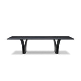 Designed by Thomas Bina and Ronald Sasson, a design partnership blending both modern minimalist and Brazilian influences. Grand-scale dining table is crafted from reclaimed French oak with tapered pedestal panels connected at the base. Seats 12 Amethyst Home provides interior design, new home construction design consulting, vintage area rugs, and lighting in the Scottsdale metro area.