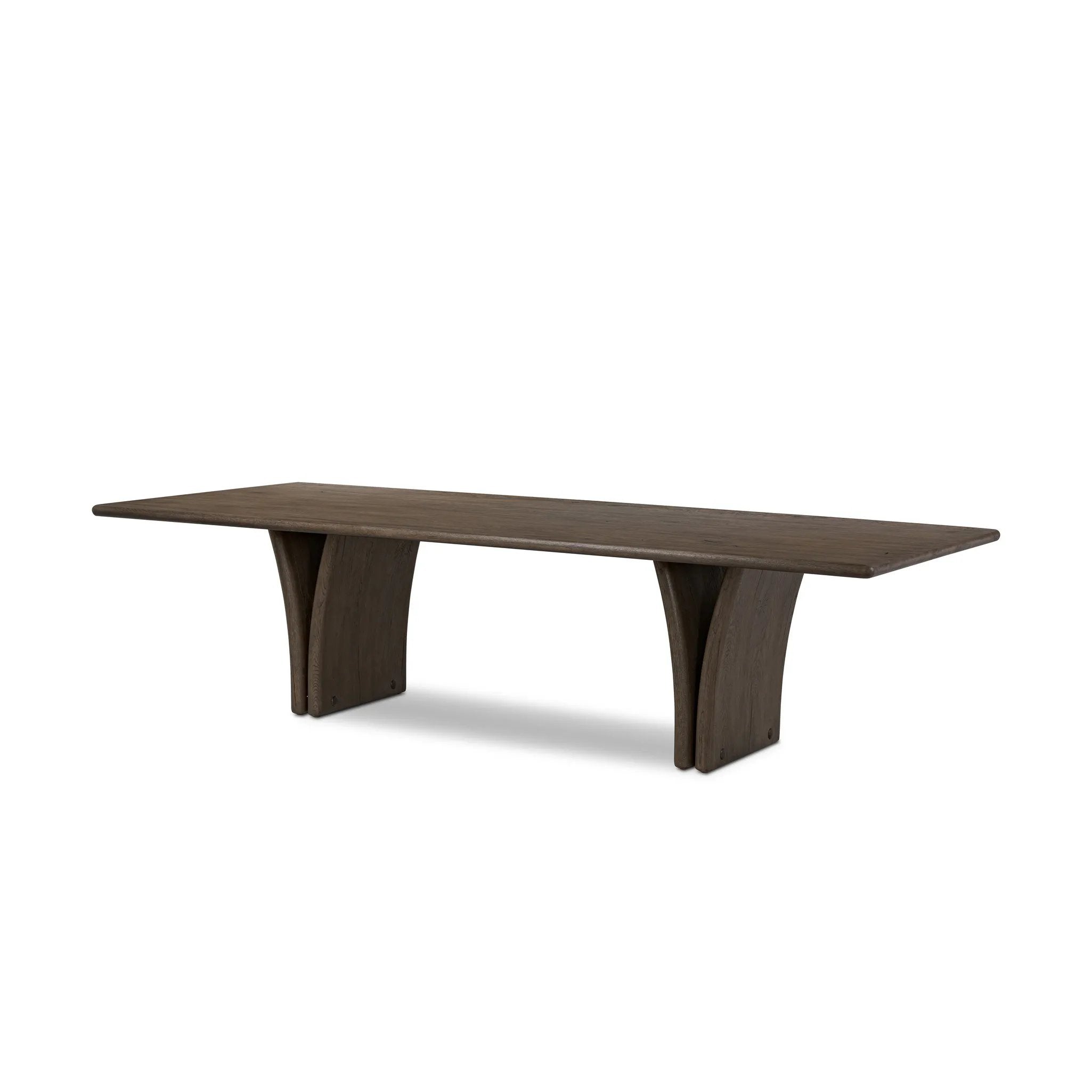 Designed by Thomas Bina and Ronald Sasson, a design partnership blending both modern minimalist and Brazilian influences. Grand-scale dining table is crafted from natural reclaimed French oak with tapered pedestal panels connected at the base Amethyst Home provides interior design, new home construction design consulting, vintage area rugs, and lighting in the Washington metro area.