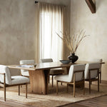 Featuring Marcon Natural Reclaimed French Oak Dining Table by Four Hands at Amethyst Home. Designed by Thomas Bina and Ronald Sasson, a design partnership blending both modern minimalist and Brazilian influences. Grand-scale dining table is crafted from natural reclaimed French oak with sleek tapered pedestal panels connected at the base. Seats 12.
Overall Dime. Amethyst Home provides interior design, new home construction design consulting, vintage area rugs, and lighting in the Omaha metro area.