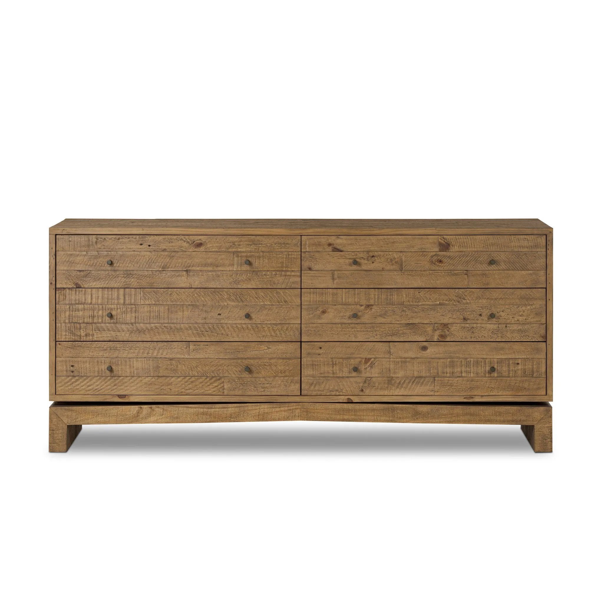 Work organic character into your bedroom styling with a six-drawer dresser of solid reclaimed pine. A rustic finish plays up natural knots and graining, for a beautifully rich look Amethyst Home provides interior design, new home construction design consulting, vintage area rugs, and lighting in the Calabasas metro area.