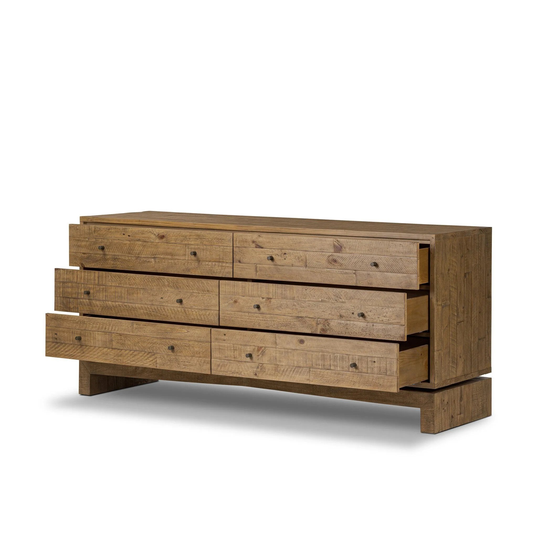 Work organic character into your bedroom styling with a six-drawer dresser of solid reclaimed pine. A rustic finish plays up natural knots and graining, for a beautifully rich look Amethyst Home provides interior design, new home construction design consulting, vintage area rugs, and lighting in the Charlotte metro area.
