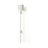 Featuring Maurice Matte White Plaster Sconce by Four Hands at Amethyst Home. Housed behind a curved black shade, light beams with a soft glow both upward and downward from this plug-in sconce.  A  slim pole to hide the cord and a convenient switch on the backplate create a seamless look.Overall Dimensions: 8.00"w x 7.50"d x 50.00"hWeight : 6.61 lbsMateria. Amethyst Home provides interior design, new home construction design consulting, vintage area rugs, and lighting in the Los Angeles metro area.