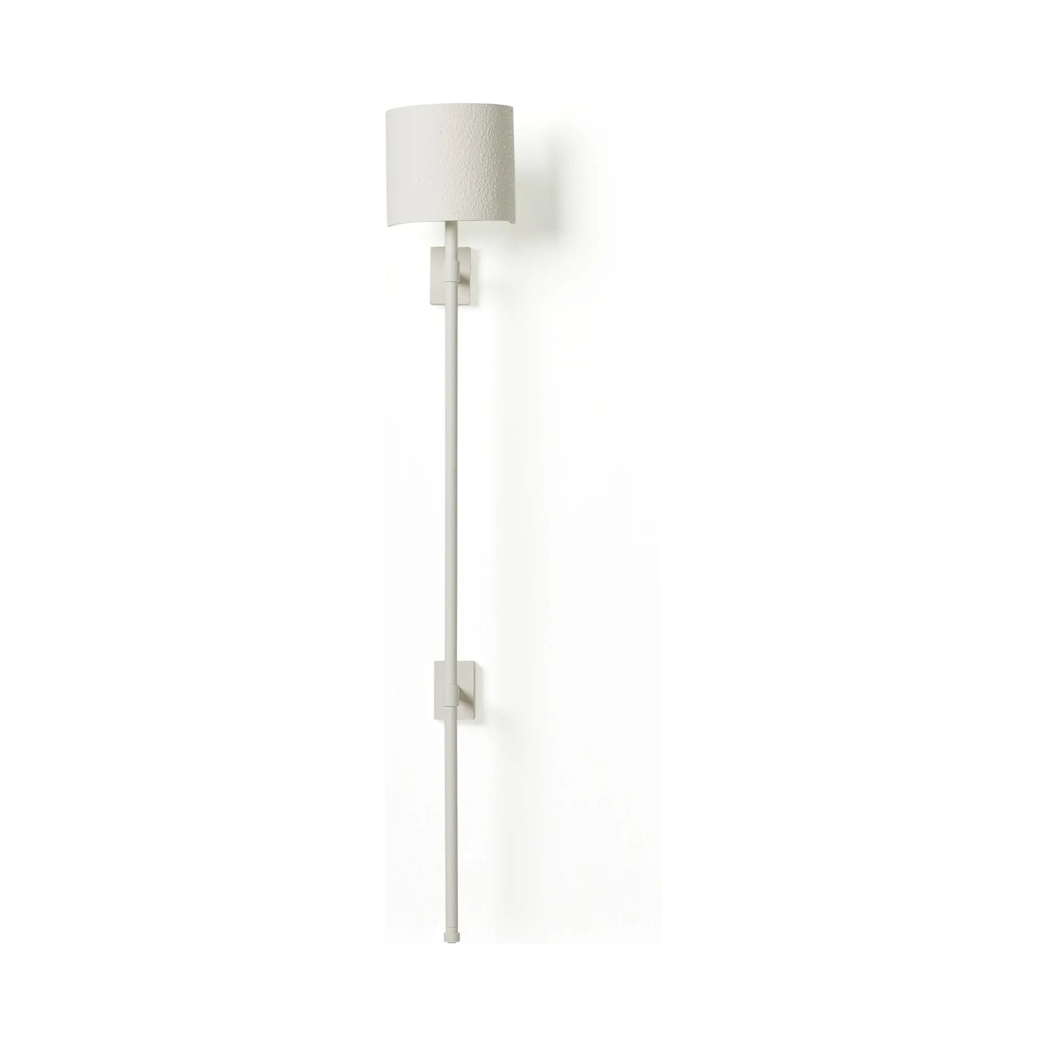 Featuring Maurice Matte White Plaster Sconce by Four Hands at Amethyst Home. Housed behind a curved black shade, light beams with a soft glow both upward and downward from this plug-in sconce.  A  slim pole to hide the cord and a convenient switch on the backplate create a seamless look.Overall Dimensions: 8.00"w x 7.50"d x 50.00"hWeight : 6.61 lbsMateria. Amethyst Home provides interior design, new home construction design consulting, vintage area rugs, and lighting in the Los Angeles metro area.