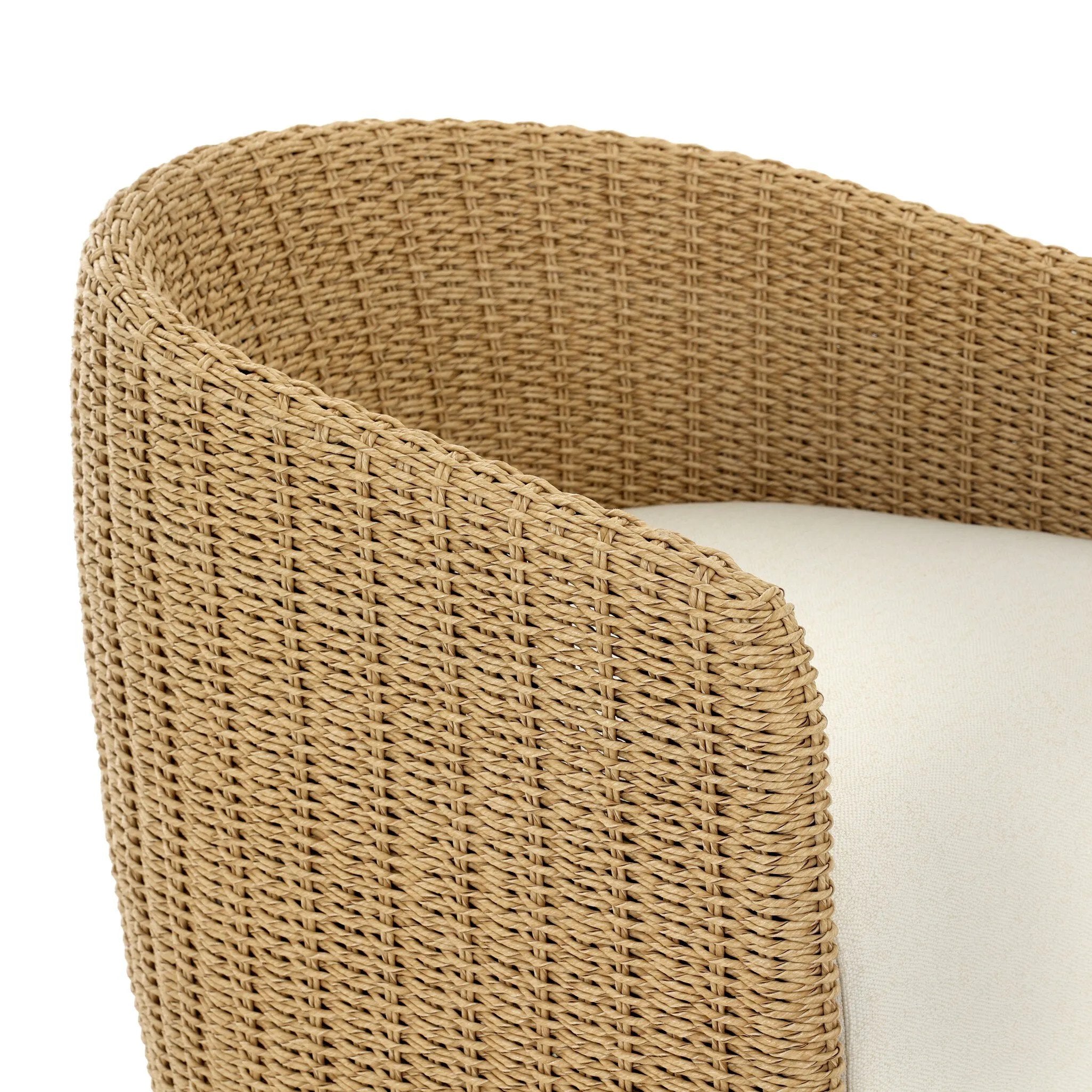 Sustainably made with zero waste, luxurious Italian upholstery places a new and unique spin on indoor/outdoor seating, offering soft, durable fabric that's highly resistant to sun, stains, mold and abrasion. Shell framing of faux hyacinth weaves for extra texture, with casters for ease of use. Amethyst Home provides interior design, new home construction design consulting, vintage area rugs, and lighting in the Des Moines metro area.