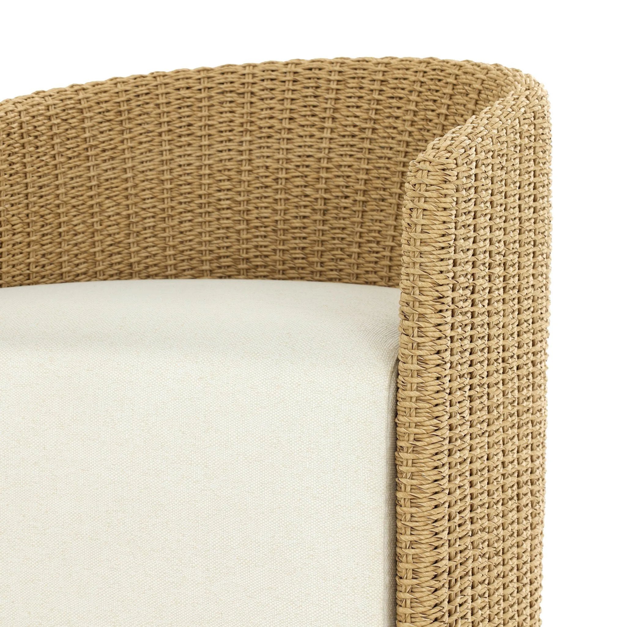 Sustainably made with zero waste, luxurious Italian upholstery places a new and unique spin on indoor/outdoor seating, offering soft, durable fabric that's highly resistant to sun, stains, mold and abrasion. Shell framing of faux hyacinth weaves for extra texture, with casters for ease of use. Amethyst Home provides interior design, new home construction design consulting, vintage area rugs, and lighting in the Portland metro area.