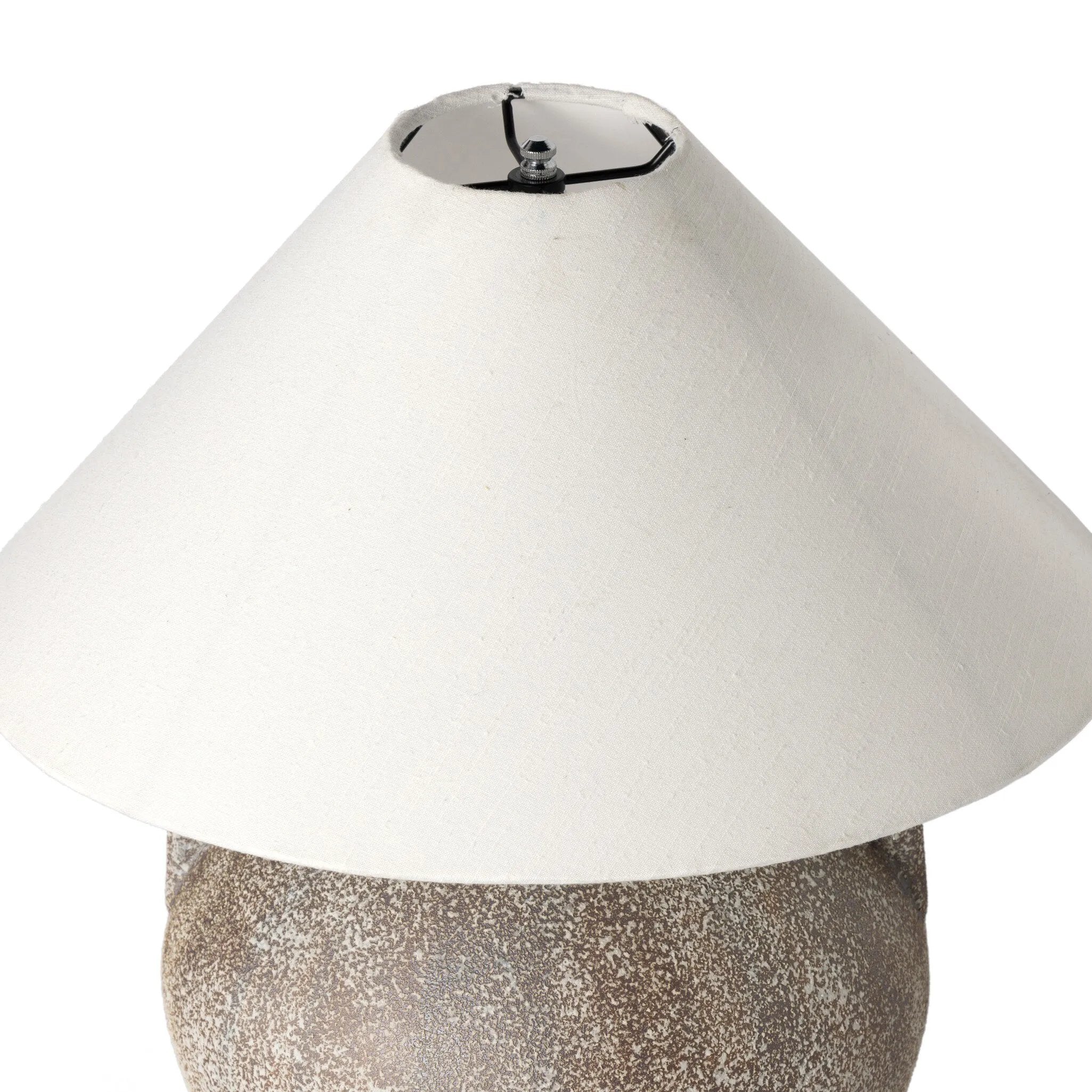 Featuring Mays Vintage Brown Ceramic Table Lamp by Four Hands at Amethyst Home. Inspired by vintage clay jars, a brown talavera lamp with handle-like detailing pairs with a tapered linen shade in a versatile ivory. Overall Dimensions: 22.00"w x 22.00"d x 21.00"h. Amethyst Home provides interior design, new home construction design consulting, vintage area rugs, and lighting in the Winter Garden metro area.