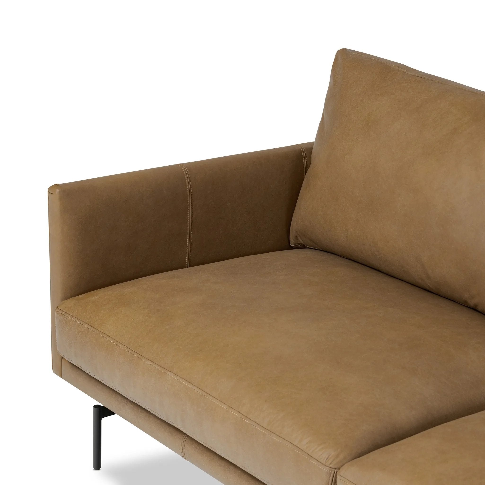 Featuring Melle Lipari Camel 2-Piece Sectional by Four Hands at Amethyst Home. A minimalist sectional to redefine contemporary lounging. Made from tan top-grain leather with a slim profile, expert tailoring and plush cushions for comfort. Sleek metal legs and compact sizing make this piece a versatile anchor for smaller living spaces.Left ChaiseOverall Dim. Amethyst Home provides interior design, new home construction design consulting, vintage area rugs, and lighting in the Alpharetta metro area.