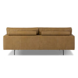 A minimalist form to redefine contemporary seating. Made from tan top-grain leather with a slim profile, expert tailoring and plush cushions for comfort. Sleek metal legs and compact sizing make this piece a versatile anchor for smaller living spaces Amethyst Home provides interior design, new home construction design consulting, vintage area rugs, and lighting in the Calabasas metro area.