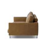 A minimalist form to redefine contemporary seating. Made from tan top-grain leather with a slim profile, expert tailoring and plush cushions for comfort. Sleek metal legs and compact sizing make this piece a versatile anchor for smaller living spaces Amethyst Home provides interior design, new home construction design consulting, vintage area rugs, and lighting in the San Diego metro area.