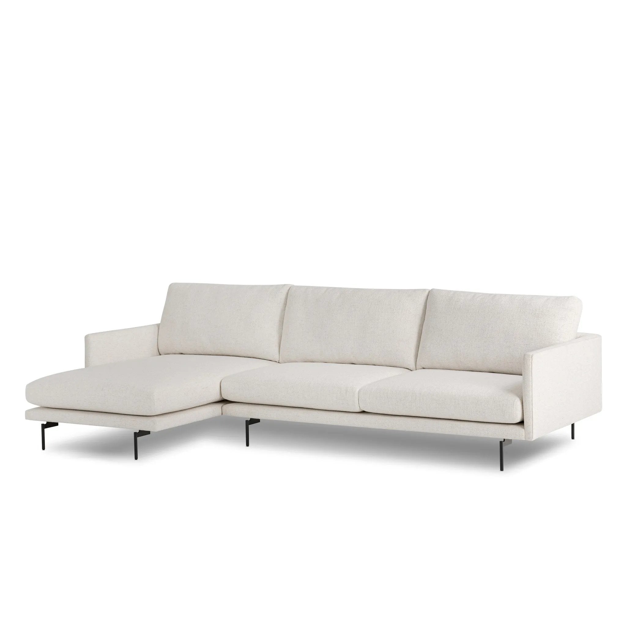 A minimalist form to redefine the contemporary sectional. Made from light, neutral high-performance with a slim profile, expert tailoring and plush cushions for comfort. Sleek metal legs and compact sizing make this piece a versatile anchor for smaller living spaces. Amethyst Home provides interior design, new home construction design consulting, vintage area rugs, and lighting in the Austin metro area.