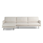 A minimalist form to redefine the contemporary sectional. Made from light, neutral high-performance with a slim profile, expert tailoring and plush cushions for comfort. Sleek metal legs and compact sizing make this piece a versatile anchor for smaller living spaces. Amethyst Home provides interior design, new home construction design consulting, vintage area rugs, and lighting in the Houston metro area.